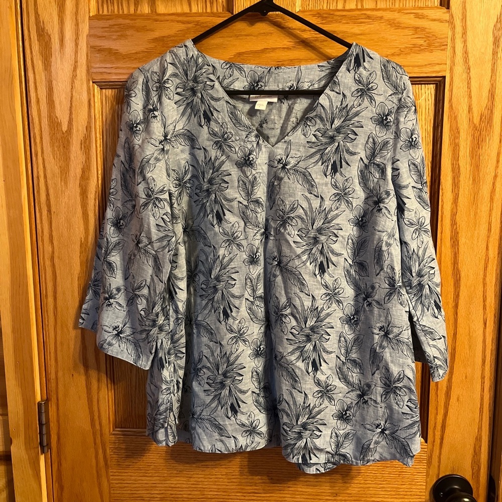 J. Jill love linen palm tropical shirt blue size Small